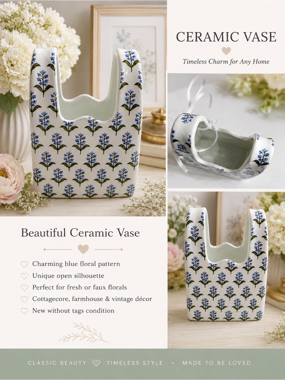 Blue Floral Ceramic Planter Vase Cottagecore Decor